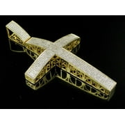 Men's 10K Yellow Gold Genuine Diamond Icy Dome Cross Pendant Charm 1 1/2 CT 3"