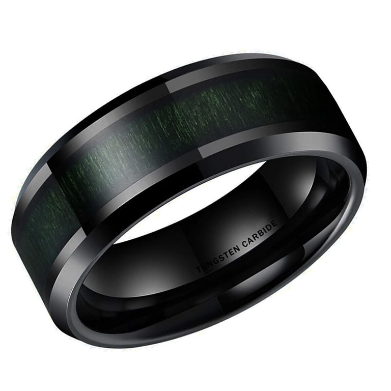 Men Mens Tungsten Wedding Band 8mm. Black w/ Ultra Dark Green Wood Inlay & Beveled. main image 2