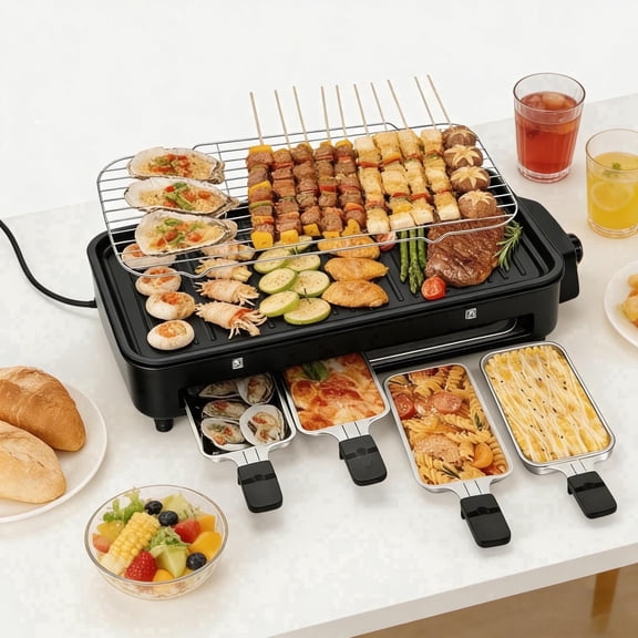 REDUSK Electric Indoor Grill 1500W, 3in1 Versatile Smokeless Indoor Grill for Home Cooking, Non-Stick Removable Grill & Griddle Plate, Temperature Control, Black