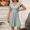 thumbnail image 2 of Nrmvnmi Womens Summer Dresses Boho V Neck Solid Color Ruffle Short Sleeve Button Mini Dress Cute Smocked Waist Short Dress Green SMothers Day Gifts, 2 of 8