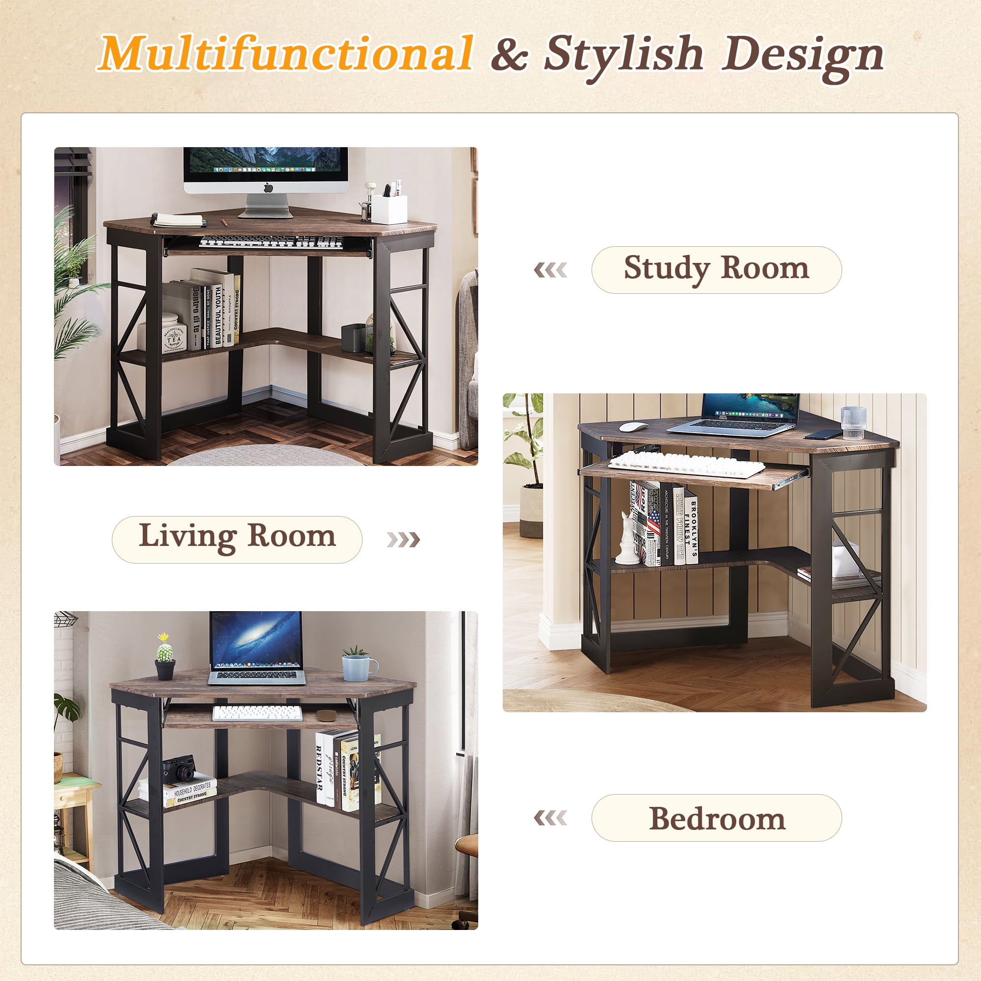 VECELO Corner Computer Desk with Keyboard Tray and Storage Shelf, Student Study Writting Table Workstation for College Dorm Apartment Home Office, Dark Brwon (90 Degrees)