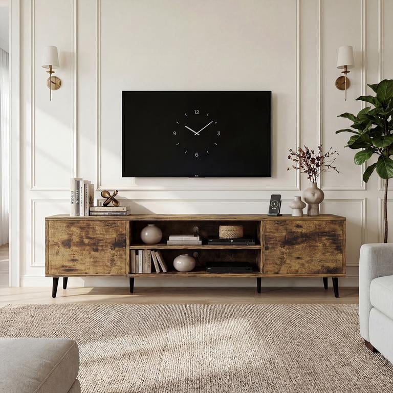 Vineego TV Stand for 70 Inch TV with 2 Push-to-Open Doors, Mid-Century Modern Media Console with Open Shelves, Entertainment Center for Living Room Bedroom, Brown