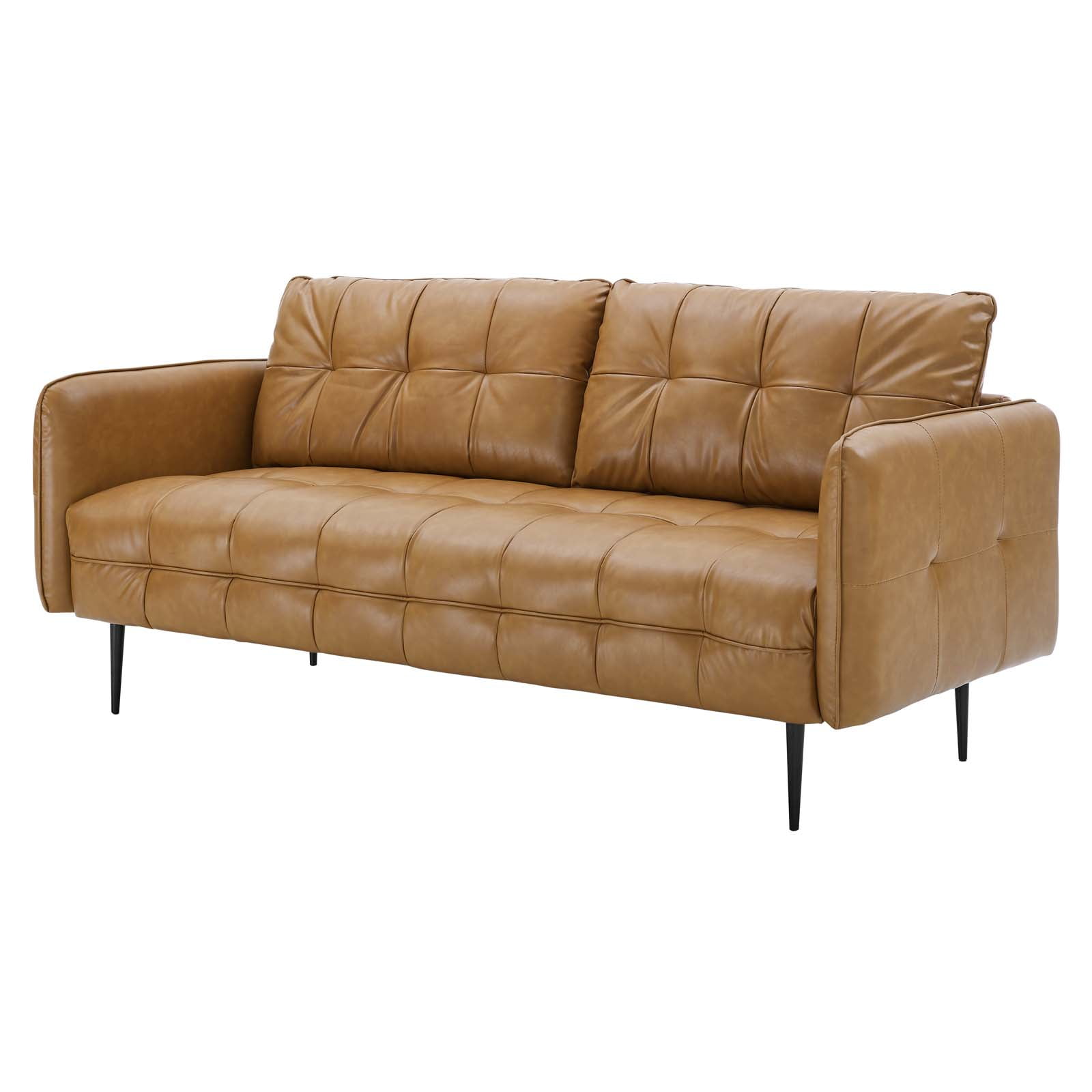 Tufted Sofa, Faux Vegan Leather, Tan, Modern Contemporary Urban Design