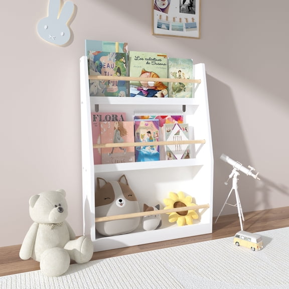 3 Tier Kids Bookshelf, Toddler Book Rack with Front Display Storage, Wooden Children Book Organizer for Bedroom, Playroom, Nursery, Classroom, Reading Corner Storage Shelf, White