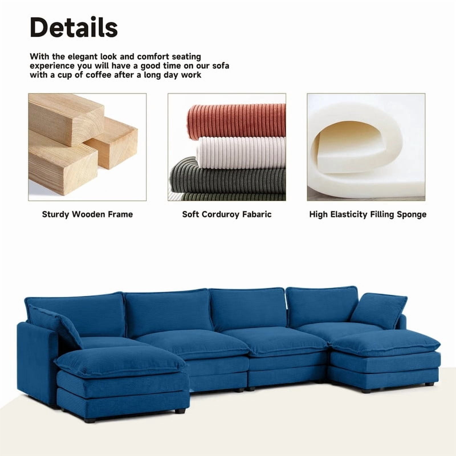 RIAFUN Sectional Cloud Couch with 2 Ottomans, Oversized U-Shaped Modular Corduroy Sofa, Convertible 4 Seat Sleeper Sofa Furniture Set for Living Room and Office, Navy