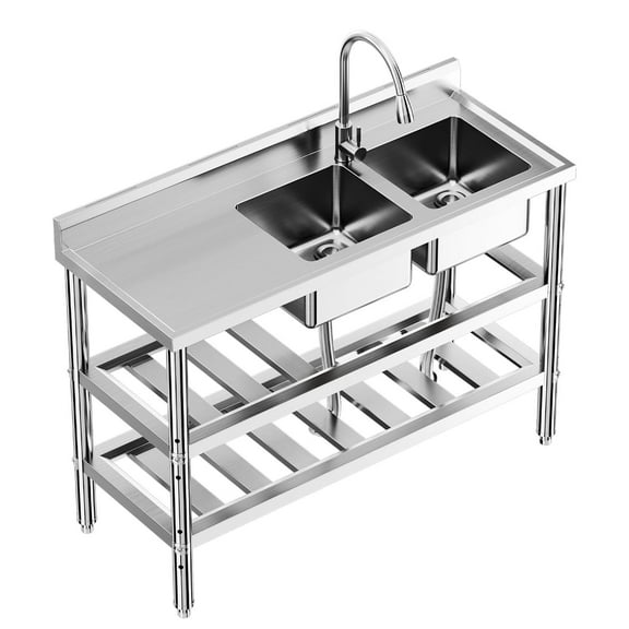 Freestanding Stainless Steel Utility Sink with Dual Bowls 47"x18"x35", Clog-Resistant Drainage, 304 Stainless Steel Pull-Out Faucet, Open Shelf