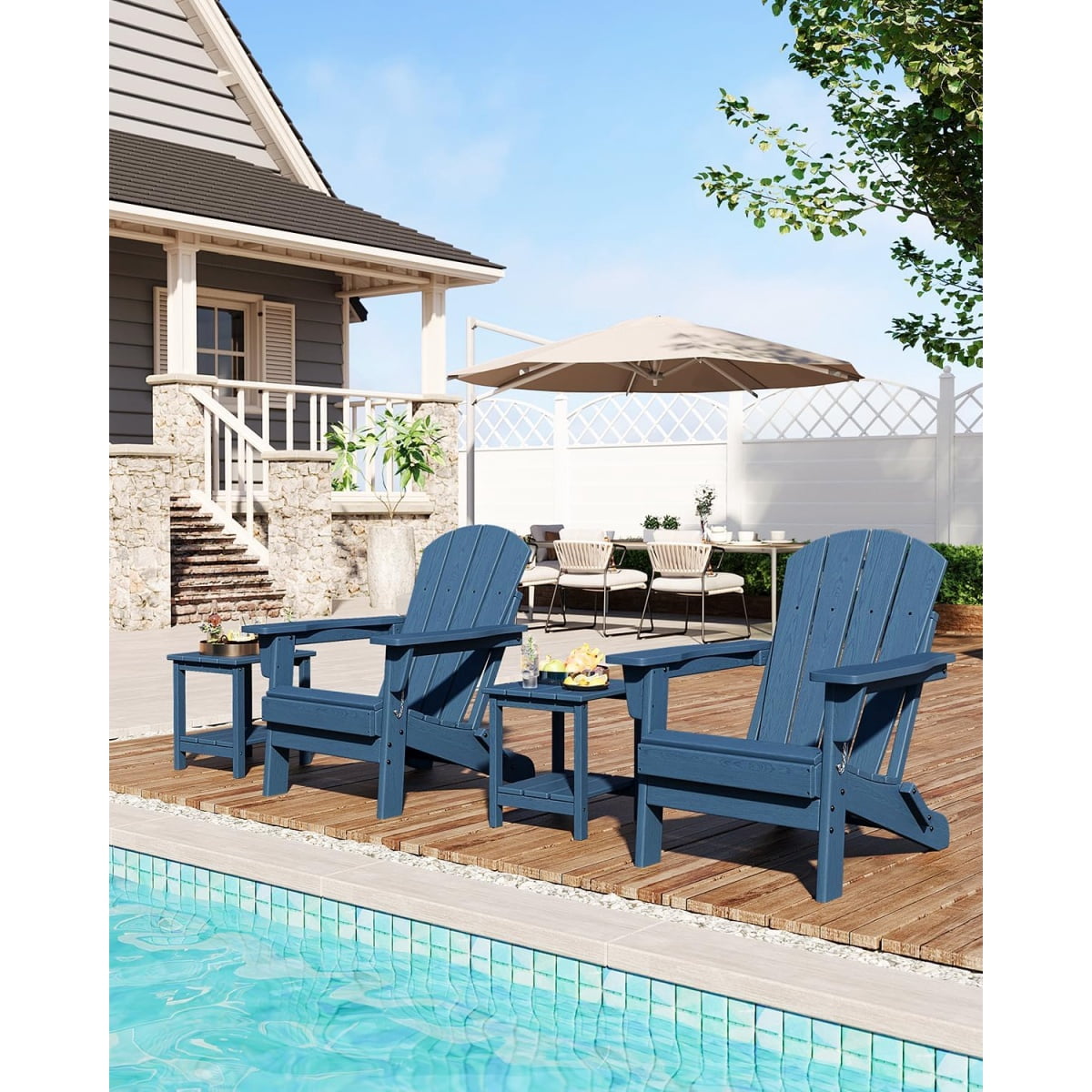 1PC Folding Adirondack Chair, HDPE Outdoor All-Weather Fire Pit Chairs, Outdoor Wooden Lounge Chair, Modern Lounger Adirondack Chairs Ergonomic Extended Backrest for Deck, Patio, Pool, Backyard