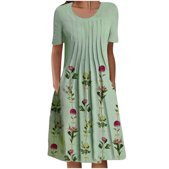USSUMA Aline Swing Floral Print Beach Dresses for Women Casual Summer Round Neck Short Sleeve Plus Midi Sundresses Women Knee Length Pleated Vacation Sun Dress Wedding Guest