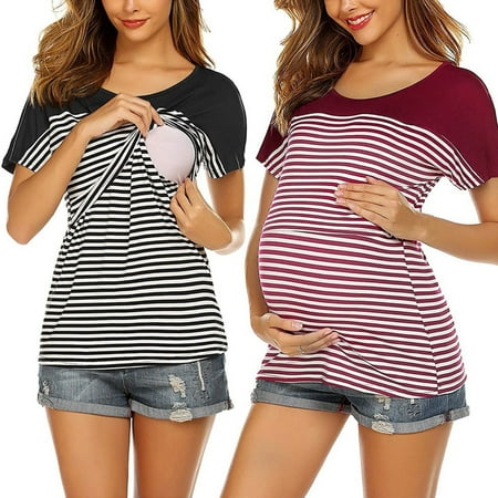 

dmqupv Tie Scrub Tops Women Womens Maternity Short Sleeve Crew Neck Striped Printed Nursed Tops T Future Fan Maternity Shirt Red XX-Large