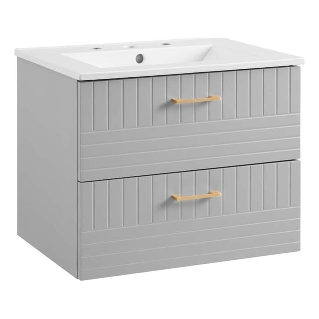 Pemberly Row 24" Modern Wood/Ceramic Bathroom Vanity in Light Gray/White