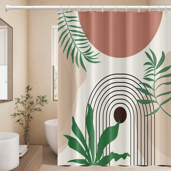 Mid Century Abstract Boho Shower Curtain for Bathroom Sun Eucalyptus Leaves Waterproof Fabric Shower Curtains with Hooks Modern Minimalist Geometric Aesthetic Shower Curtain Decor, 72x72 Inch