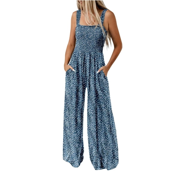 Women Floral Wide Leg Jumpsuit Sleeveless Square Neck Smocked Casual Summer Outfit
