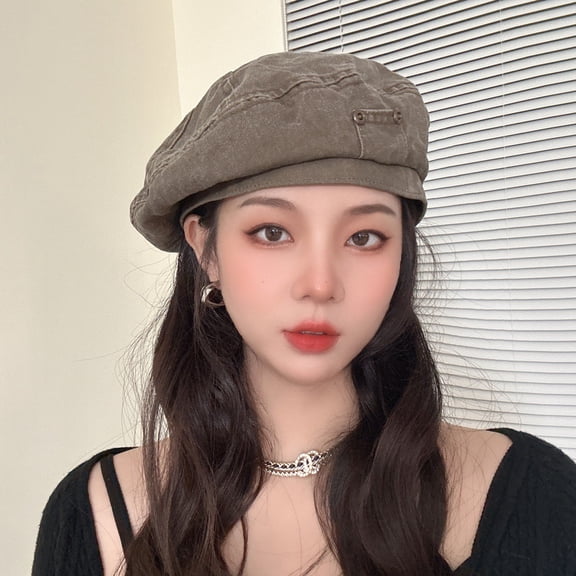 Zhengsping Old Washed Denim Cotton Beret For Women In Spring And Autumn, Fashionable And Versatile, Copper Buckle, Retro Design, And Bud Painter Hat