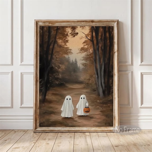 Ghosts In Autumn Landscape Wall Art Print Poster Cute Ghost Canvas Artwork Home Bedroom Halloween Wall Decor Unframed