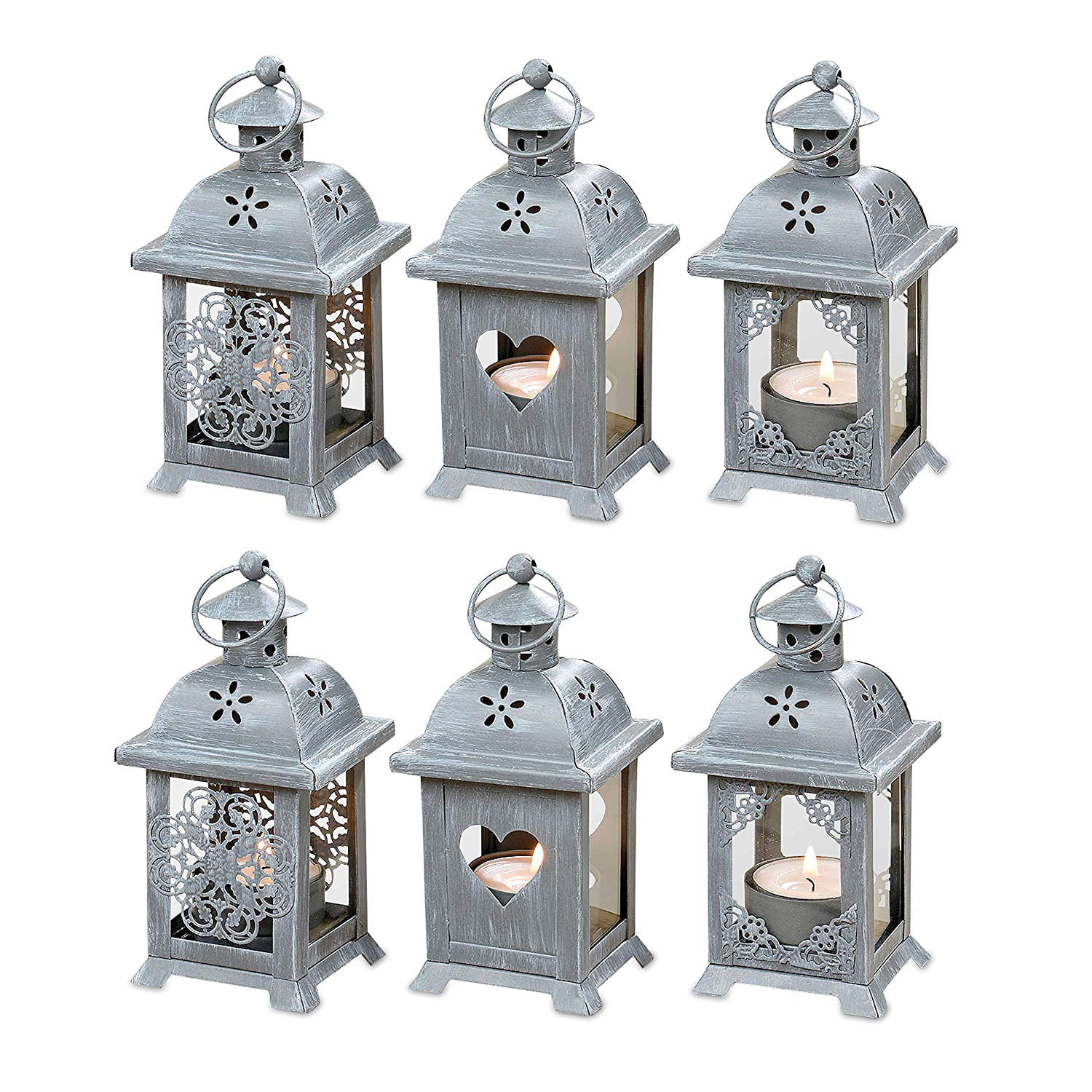 Romantic French Country Style Hearts, Flowers and Lace, Candle Lanterns,  Set of 6, LED Tea Light Holders, 2 3/4 x 2 3/4 x 5 1/2 Inches (7 x 7 x 14  cm), Gray Metal and Glass - Walmart.com