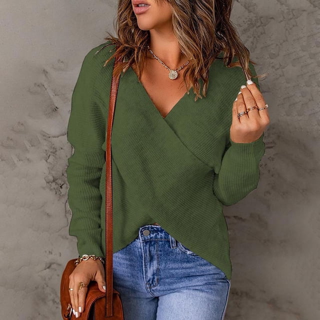Qertyioot Chandails à Col en V pour Femmes Mode Automne Hiver Manches Longues Chandail Décontracté Hauts