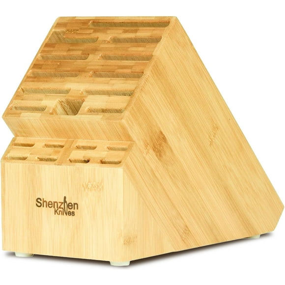20 Slot Universal Knife Block: Shenzhen Knives Large Bamboo Wood Knife Block Without Knives -Countertop Butcher Block Knife Holder and Organizer with Wide Slots for Easy Kitchen Knife S