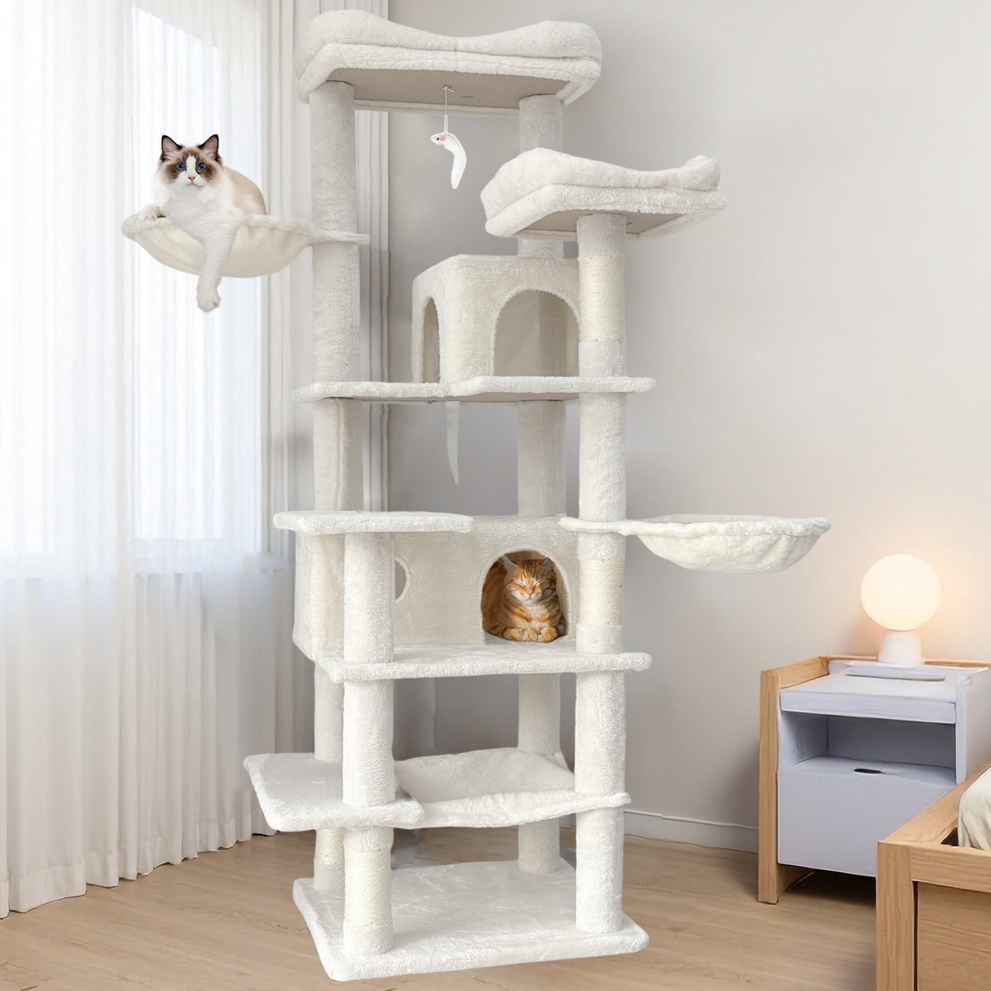 ZephyPaws 68 Inches Multi-Level Large and Tall Cat Tree, 2 Widened Plush Perches Cat Condo with Scratching Board and Big Caves, Beige