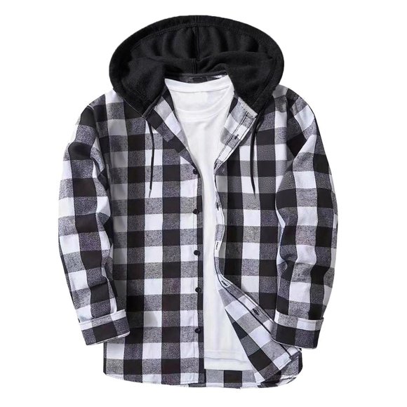 LMKIHUSA Mens Long Sleeve Plaid Hoodie Flannel Casual Trendy Fall Outerwear Drawstring Oversized Pocket Tops Button Down Lightweight Thin Shirts 2025 Gray,XXL