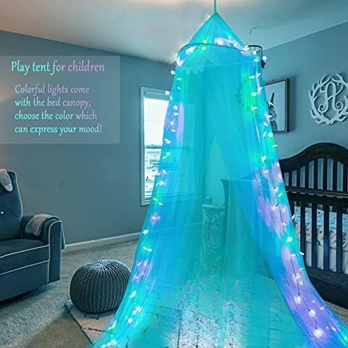 Pink Bed Canopy for Girls, Bedroom Decor Princess Canopy Bed Curtain with Lights, 100 LED Star Fairy String Lights Hanging Dome Bed Tent with Remote for Twin to King Size Bed