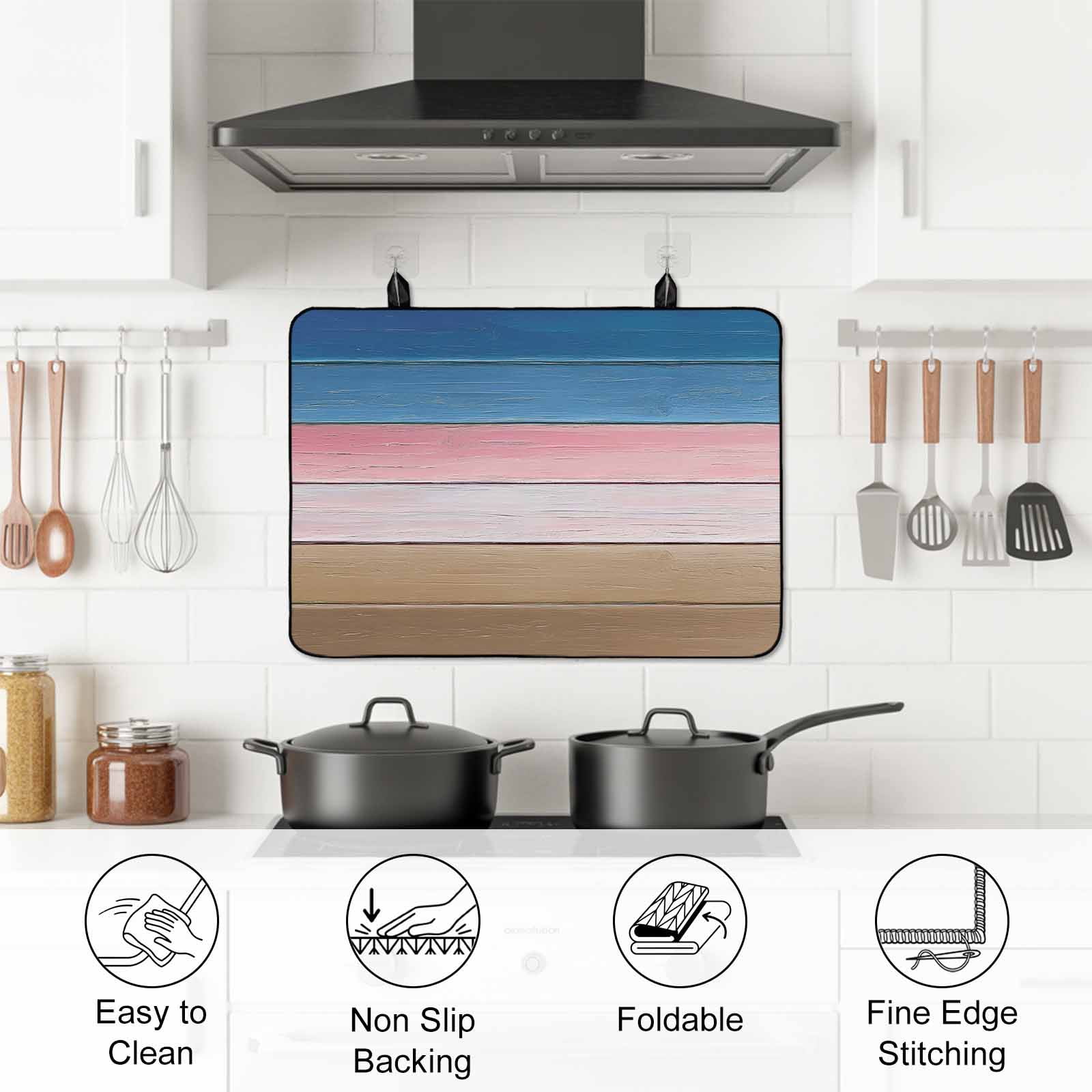 Pink Blue Brown Stove Top Cover for Electric Stove, Heat-proof & Non Slip Glass Top Stove Cover Protector, Farmhouse Gradient Wooden Plank Art Kitchen Flat Cooktop Rubber Mat 28.5x20.5 Inches