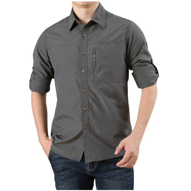Blusa y camisa de manga larga con cuello vuelto para hombre, estilo casual, color liso, con cremallera, bolsillos y botones, de nailon.