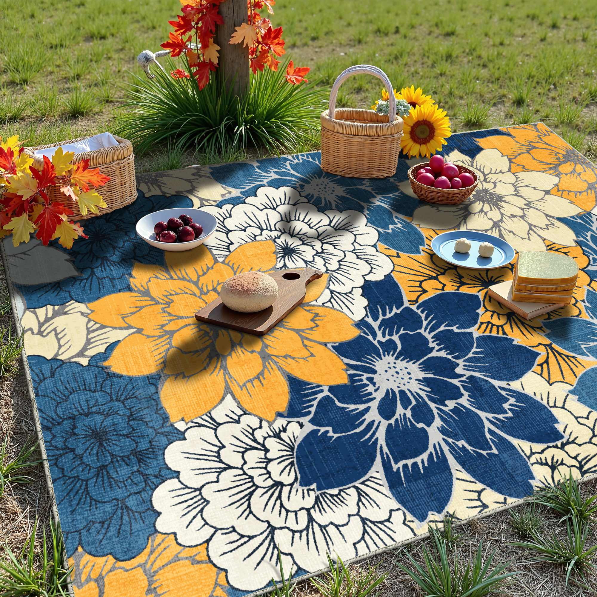 DEORAB 5'x8' Outdoor Rug Chenille Patio Carpet Three-Layer Material Imitation Silicone Spot Molding Camping Outside RV Mat,Blue