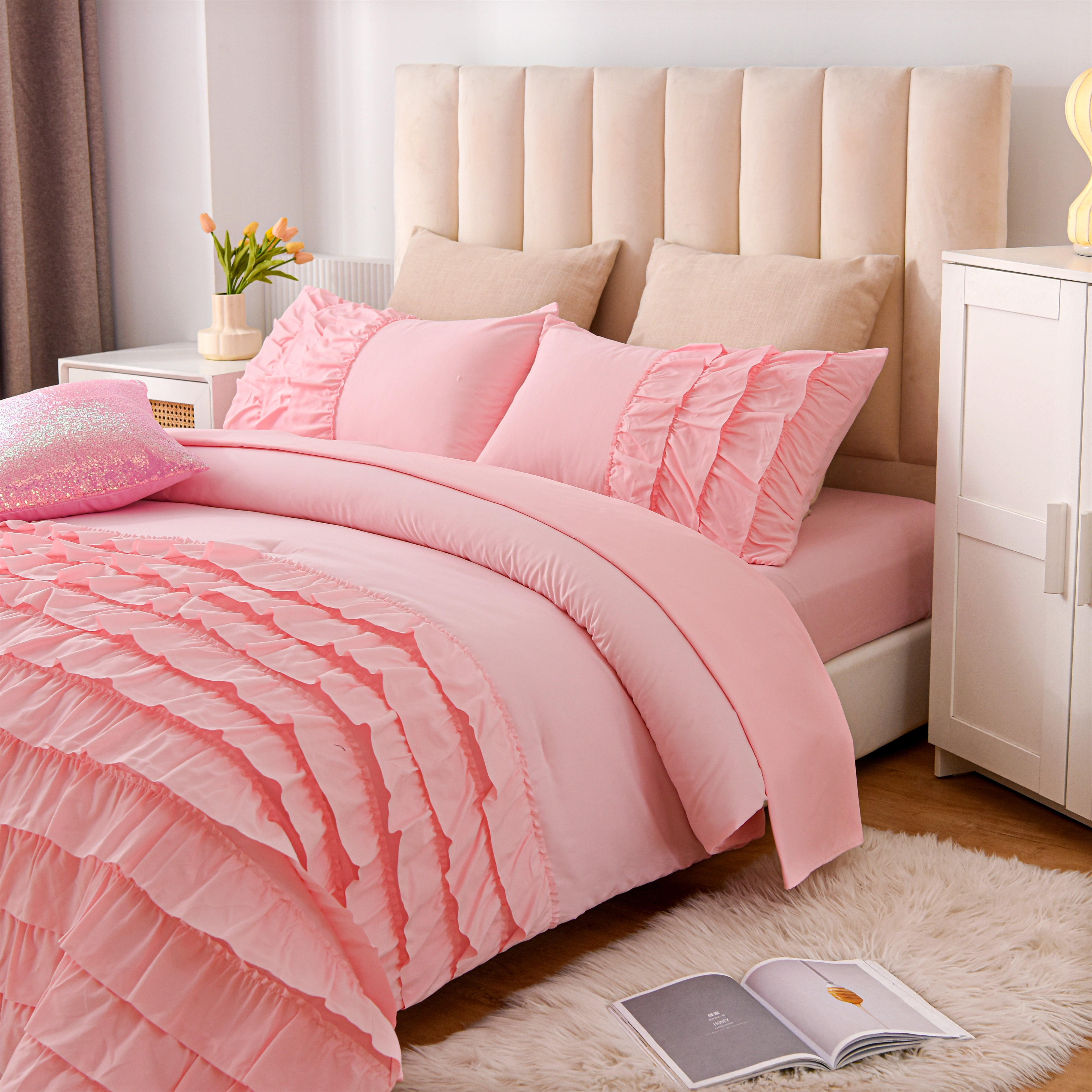 Btargot 6Pcs Waterfall Ruffled Princess Comforter Set Queen Soft Chic Bedding Set for Kids Girls Pink