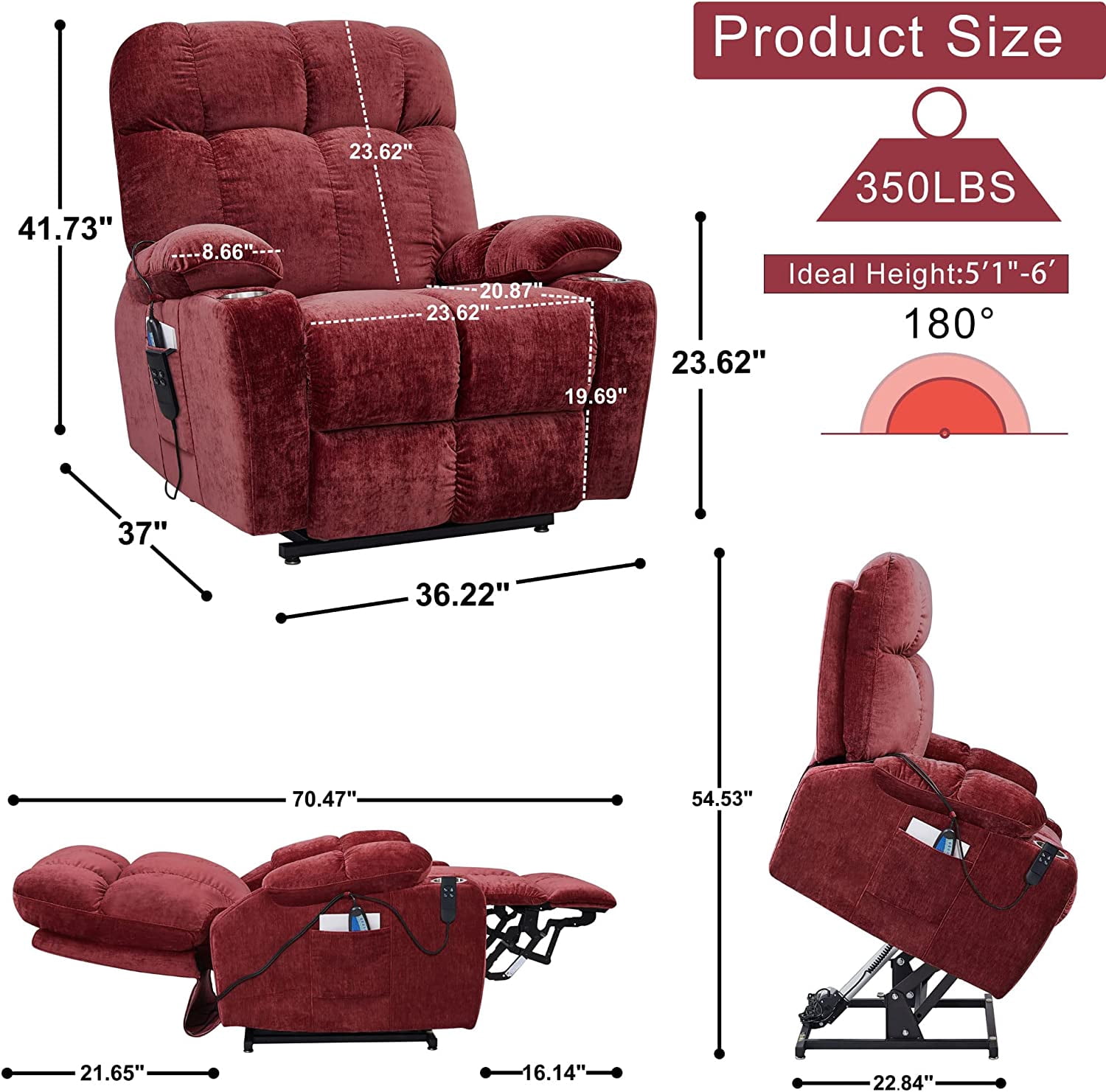 Momspeace Power Lift Recliner Chair Recliners for Elderly with Heat and Massage Recliner Chair for Living Room - Red