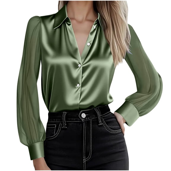 Lenpel Satin Silk Blouses for Women Mesh Long Sleeve Collared Button down Shirts Business Casual Tops Dressy Work Tops(Green,X-Large)