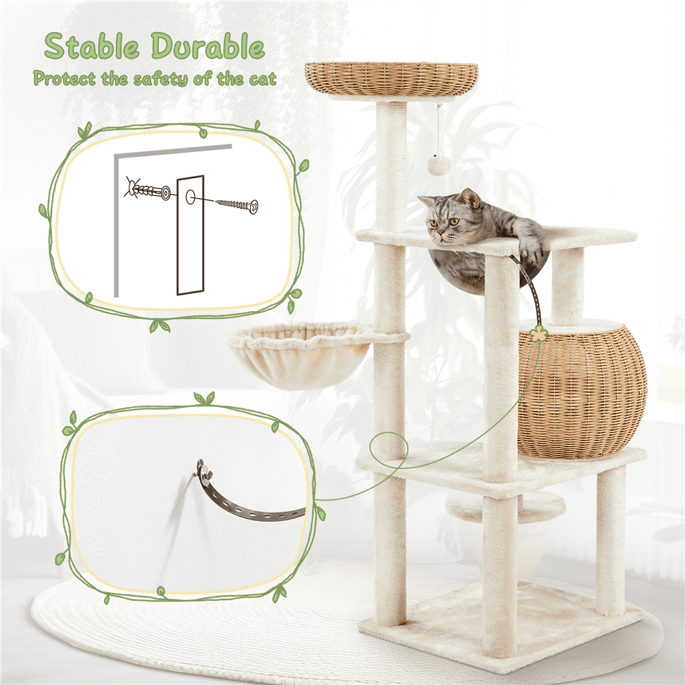 Yaheetech 54" Tall Rattan Cat Tree with Soft Cushion, Beige