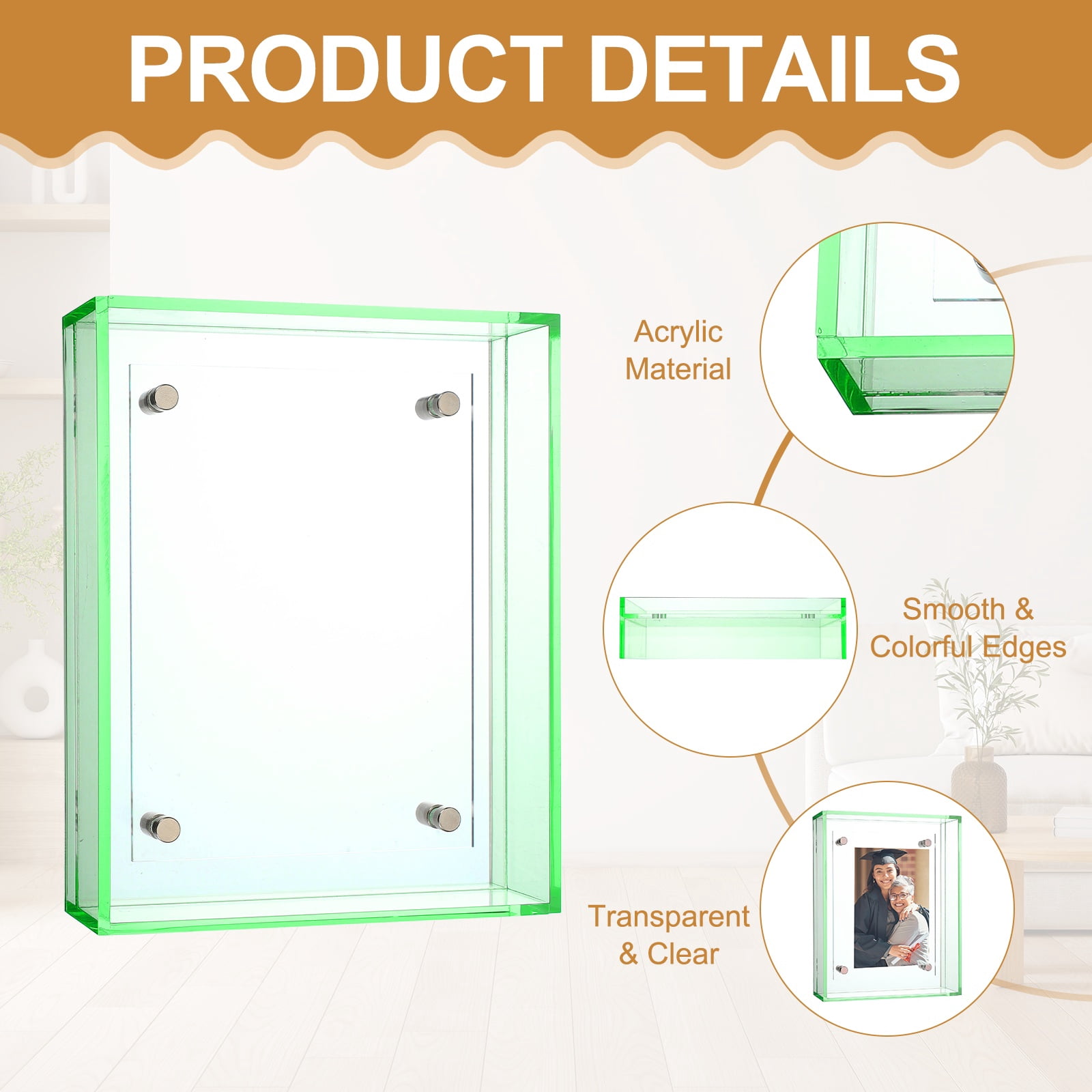 Unique Bargains Acrylic Picture Frame Floating Picture Frames Fluorescent Green 3" x 4"