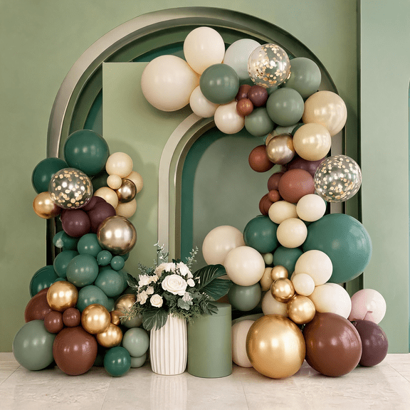 153pcs Latex Balloon Garland Arch Kit, Different Sizes 5/10/12/18 inch Metallic Gold and Sage Green Ivory Confetti Balloons Set for Woodland Tropical Party Decorations