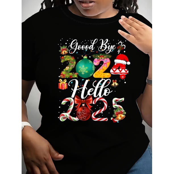 Camiseta navideña para mujer, con gráfico festivo "Adiós 2023, Hola 2025", manga corta, corte regular, primavera/verano con ligero estiramiento. Para adultos, hombres, mujeres, adolescentes, jóvenes.