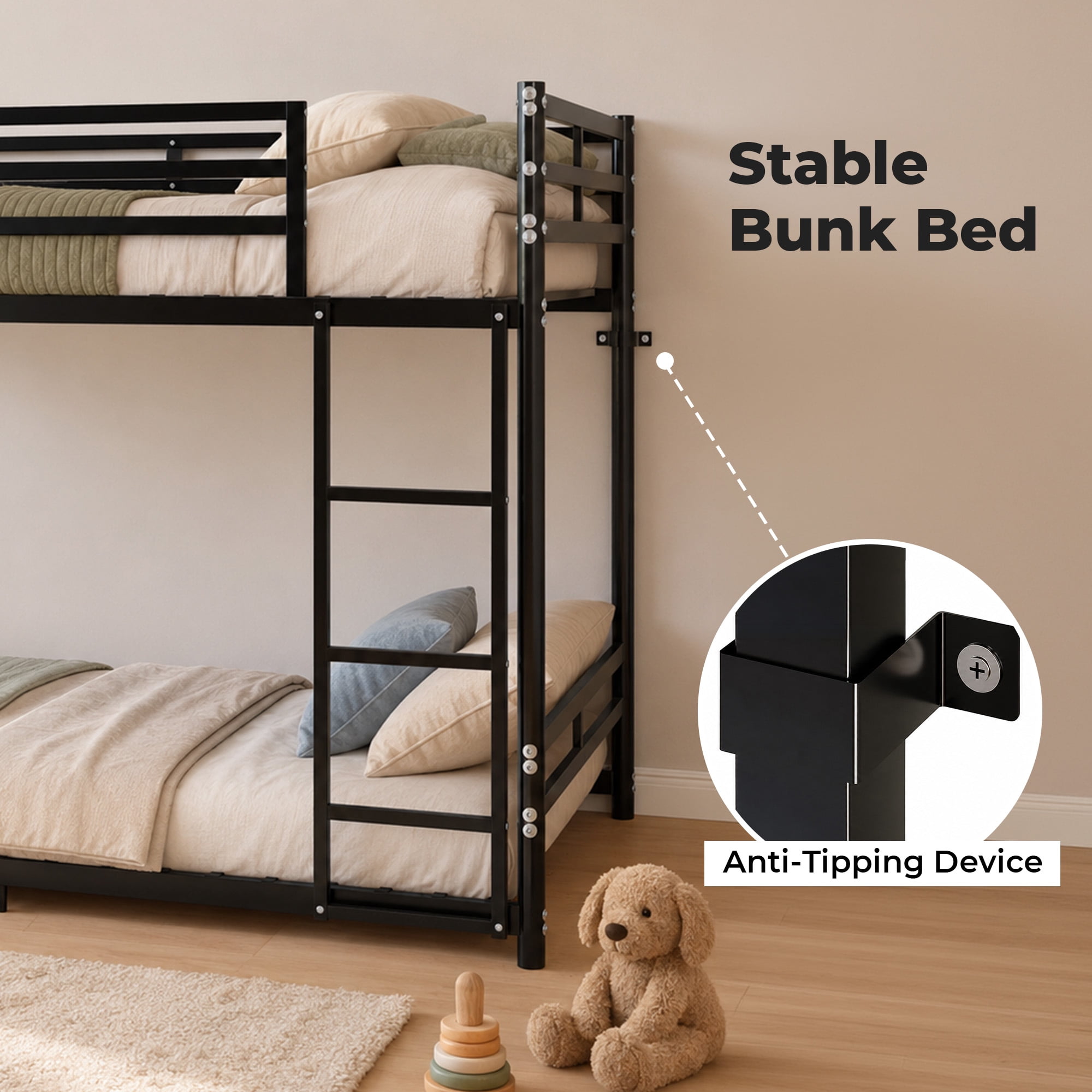 Alvantor Bunk Bed Twin over Twin, Metal Low Bunk Bed for Kids with Ladder and Anti-tip Bracket Black