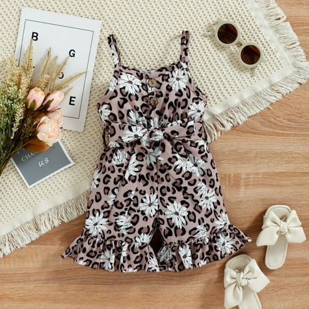 

AURIGATE Toddler Baby Girl Sling Jumpsuit Romper Leopard Print Sleeveless Pleated Tie-Up Suspender Overalls