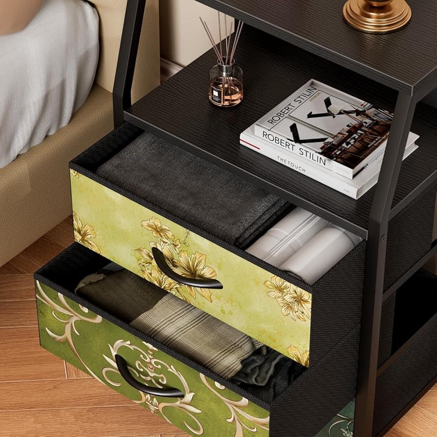 Tall 5 Drawers Dresser, Vertical Storage Tower for Bedroom, Hallway, Entryway, Nursery, Closet Organizer, Nightstand Bedside Table Furniture, Sturdy Steel Frame, Wood Top