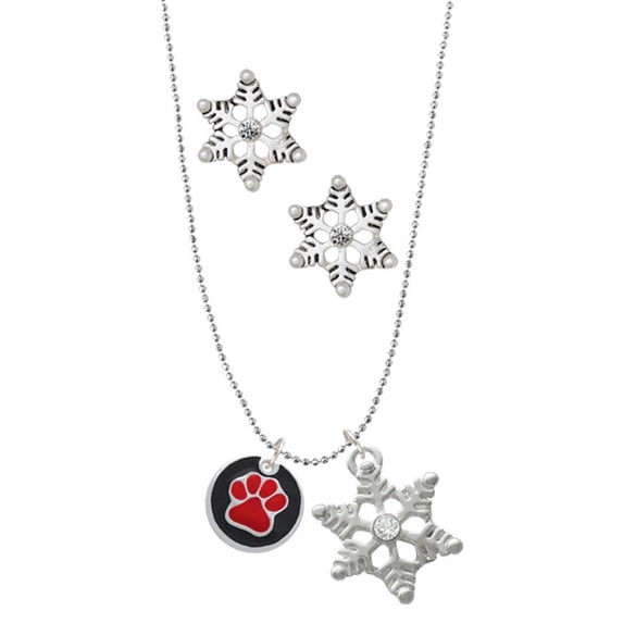 Delight Jewelry Silvertone Red Paw on Black Disc Silver tone Snowflake Charm Necklace and Stud Earrings