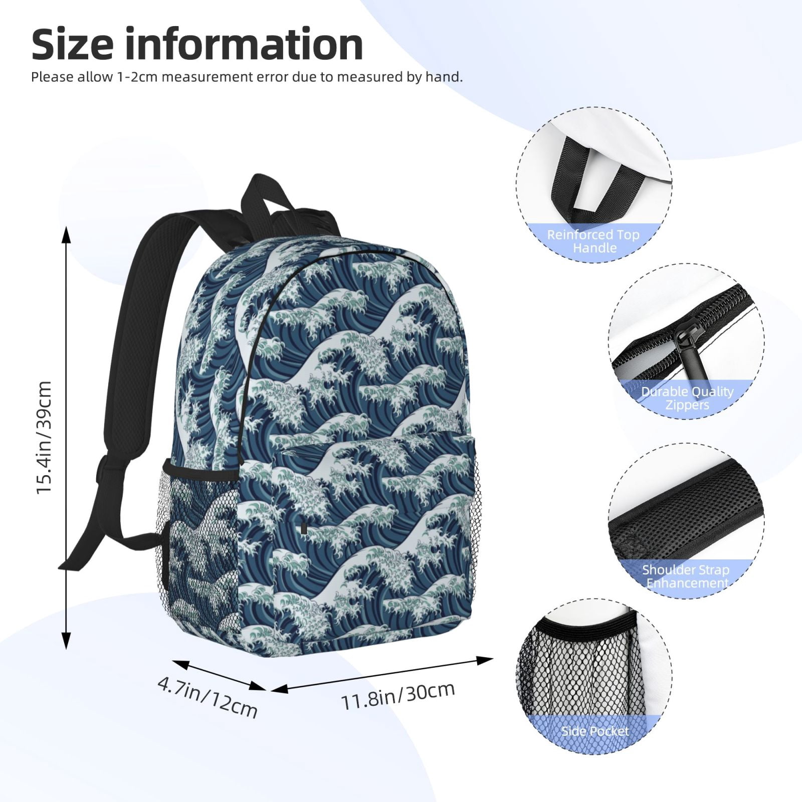 Rateoe A Japanese Great Wave Pattern Student Backpack Water-resistant Backpack 15-inch Laptop Backpack Lightweight Adjustable School Backpack