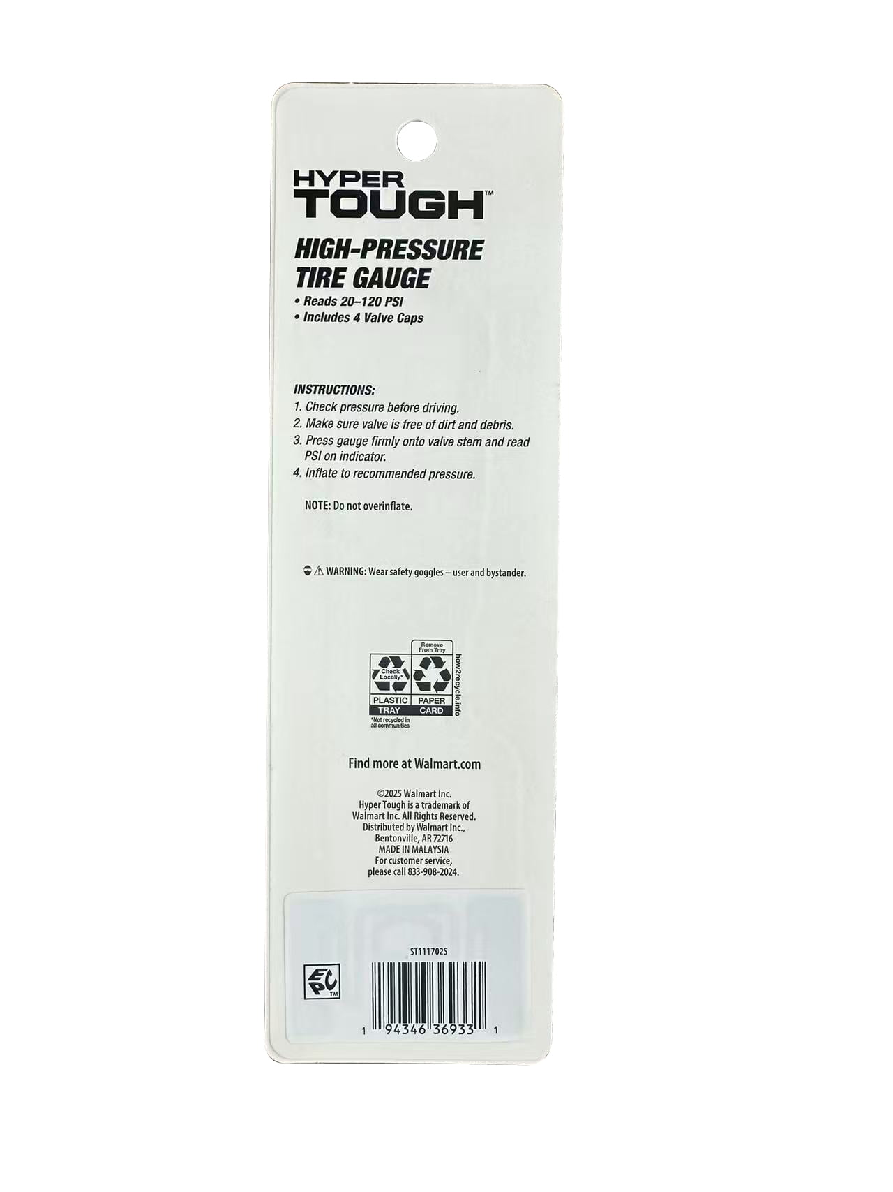 Hyper tough high-pressure tire gauge manufacturer part number ST111702S, silver&black