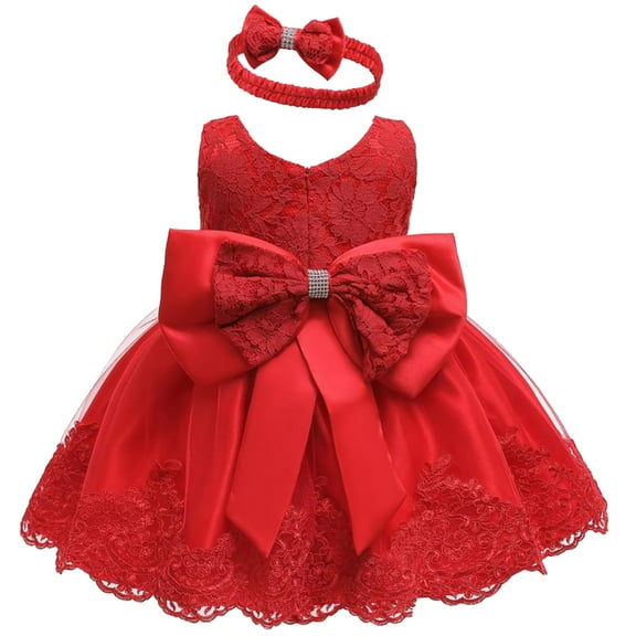 JAHH Children's Dress Baby Girl Dresses Ruffle Lace Pageant Party Wedding Flower Girls Dress Lace Color Matching Baby One Year Old Dress Bow Princess Evening Dress with Headwear(0-3 Months,F)