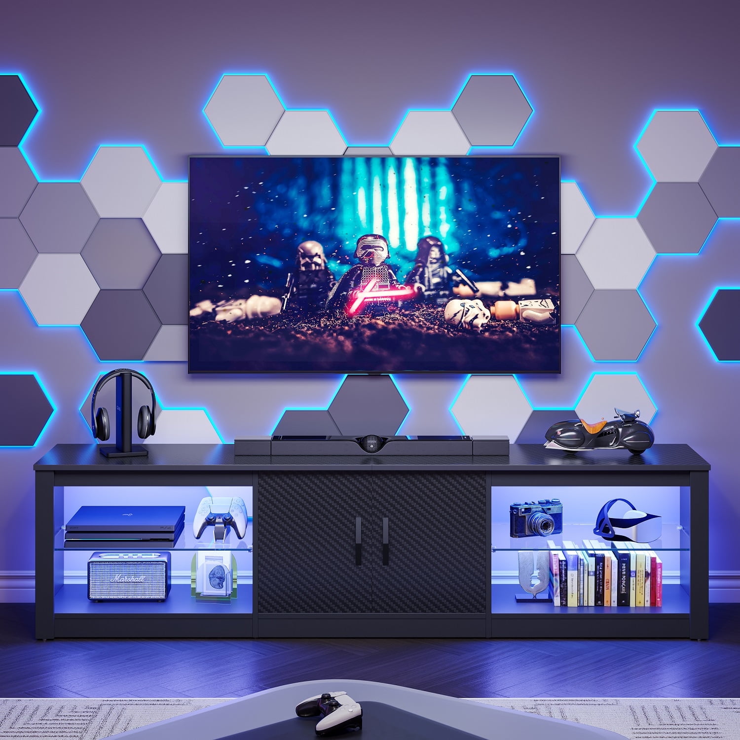 Bestier TV Stand for TVs up to 75" with Storage Cabinet, Entertainment Center for TVs with LED Light for Living Room, Carbon Fiber