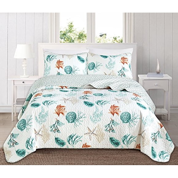 Full Queen coastal Quilt Bedding Set, Summer coastal Quilt with Shams, Beach 3-Piece Reversible All Season Bedspread Quilt Set Lightweight Nautical Quilted coverlet Key West collection, Multi