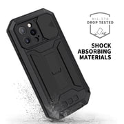 iPhone 13 Pro Max Case 6.7 with Screen Protector, TECHCIRCLE Heavy Duty Military Metal Hybrid Rugged Kickstand Water-Resistant Shockproof Full Protective Cover with Slide Camera Protector, Black