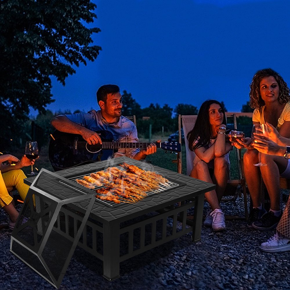 Multifunctional Fire Pit Table, 32'' Fireplace Heater/BBQ/Ice Pit, Square  Metal Fire Pit Stove with Screen Lid and Log Poker for Backyard Garden  Camping Picnic Bonfire, K1207 - Walmart.com