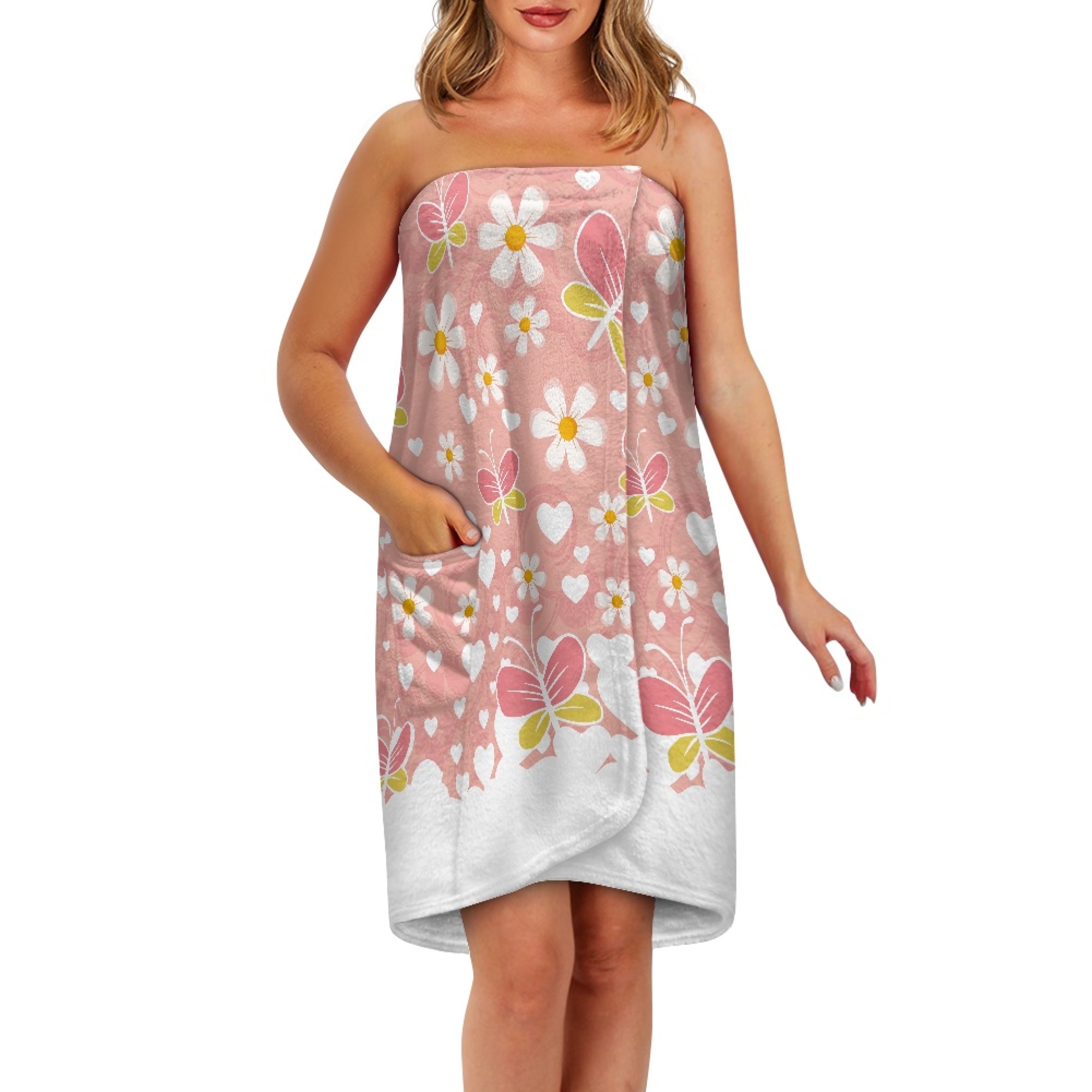 Yuyamidu Butterfly Towel Wrap for Women Bath Wrap Towel with Pocket Flower Bath Towels for Adults Size L Pink Knee Length Shower Towels Home Beach Body Wrap