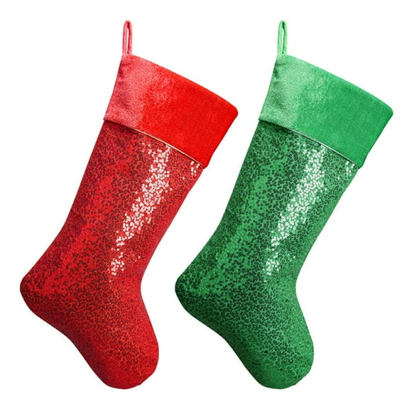 Green Large Sequin Christmas Stocking, Glittery Holiday Sock For Gift And Decor, Multiple Colors For Festive Style