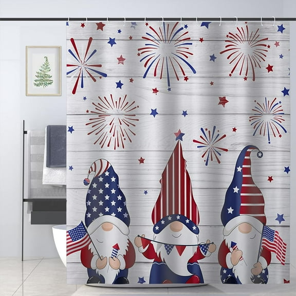 4th of July Gnome Patriotic Shower Curtain Independence Day Decorations USA Waterproof Bathroom Decor with 12 Hooks 72 x 72 In
