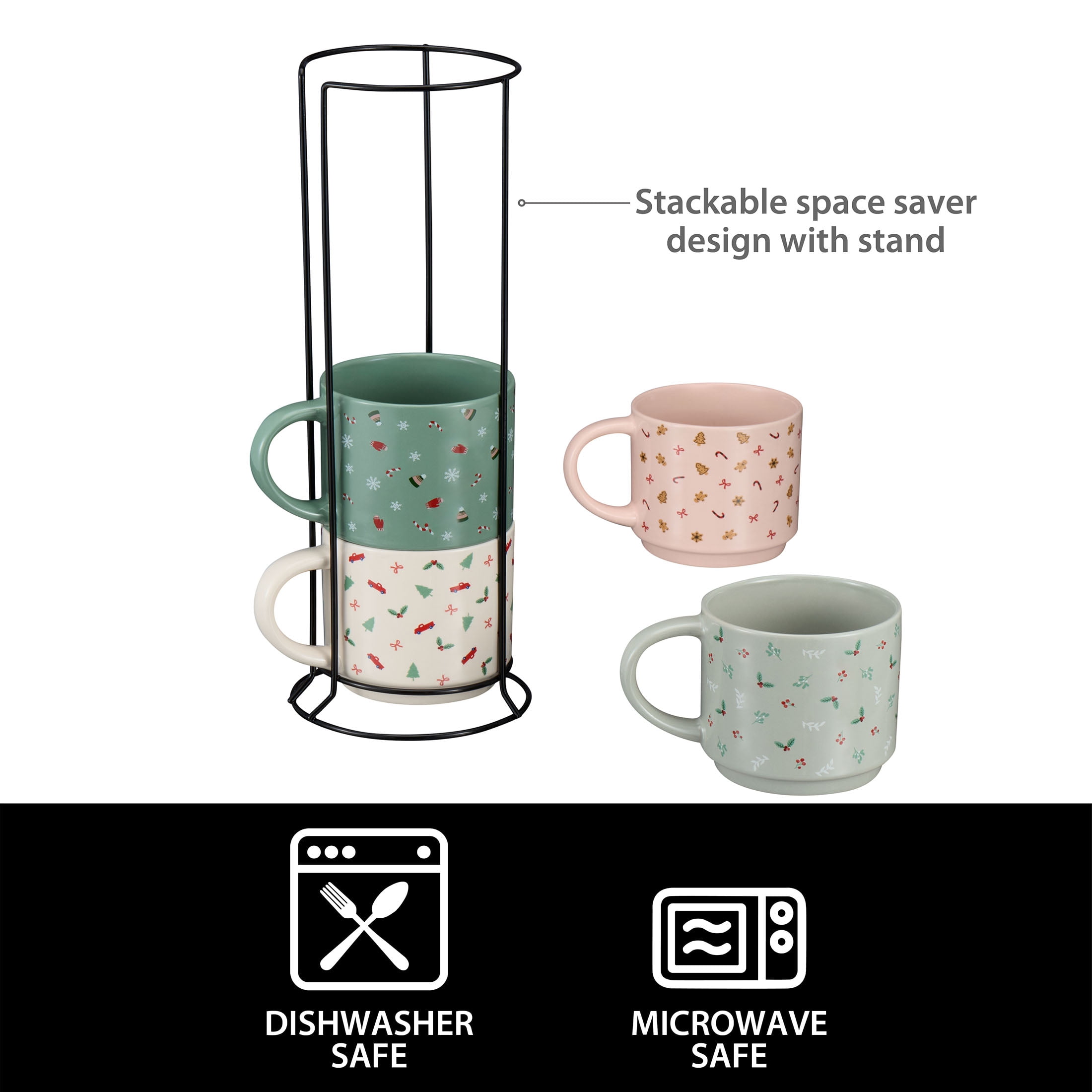 Holiday Time 11-oz Holiday Ditsy Print Glazed Stoneware Ceramic Stacking Mug Set with Metal Rack