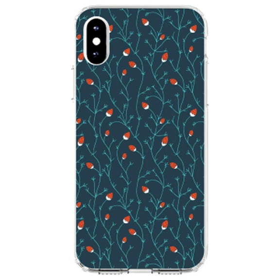 DistinctInk Clear Shockproof Hybrid Case for iPhone XS Max (6.5" Screen) - TPU Bumper, Acrylic Back, Tempered Glass Screen Protector - Modern Floral - Strawberry Vine - Teal Navy